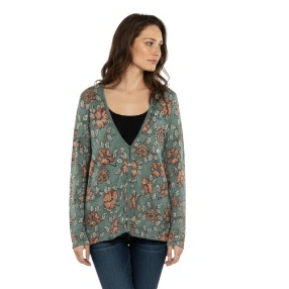 Peruvian Connection Large Pima Cotton Button Down Floral Knit Cardigan Sweater - Picture 1 of 6